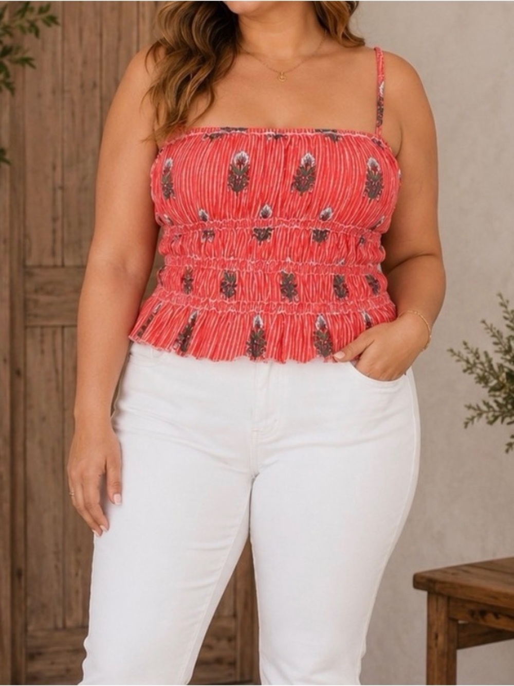 We The Free by Free People Coral Smocked Floral Cami